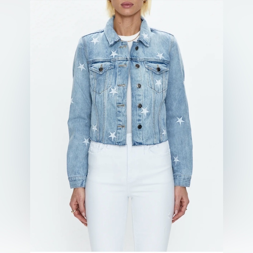 Pistola Brando Star Embroidery Denim Jacket in a light wash with a raw hem.